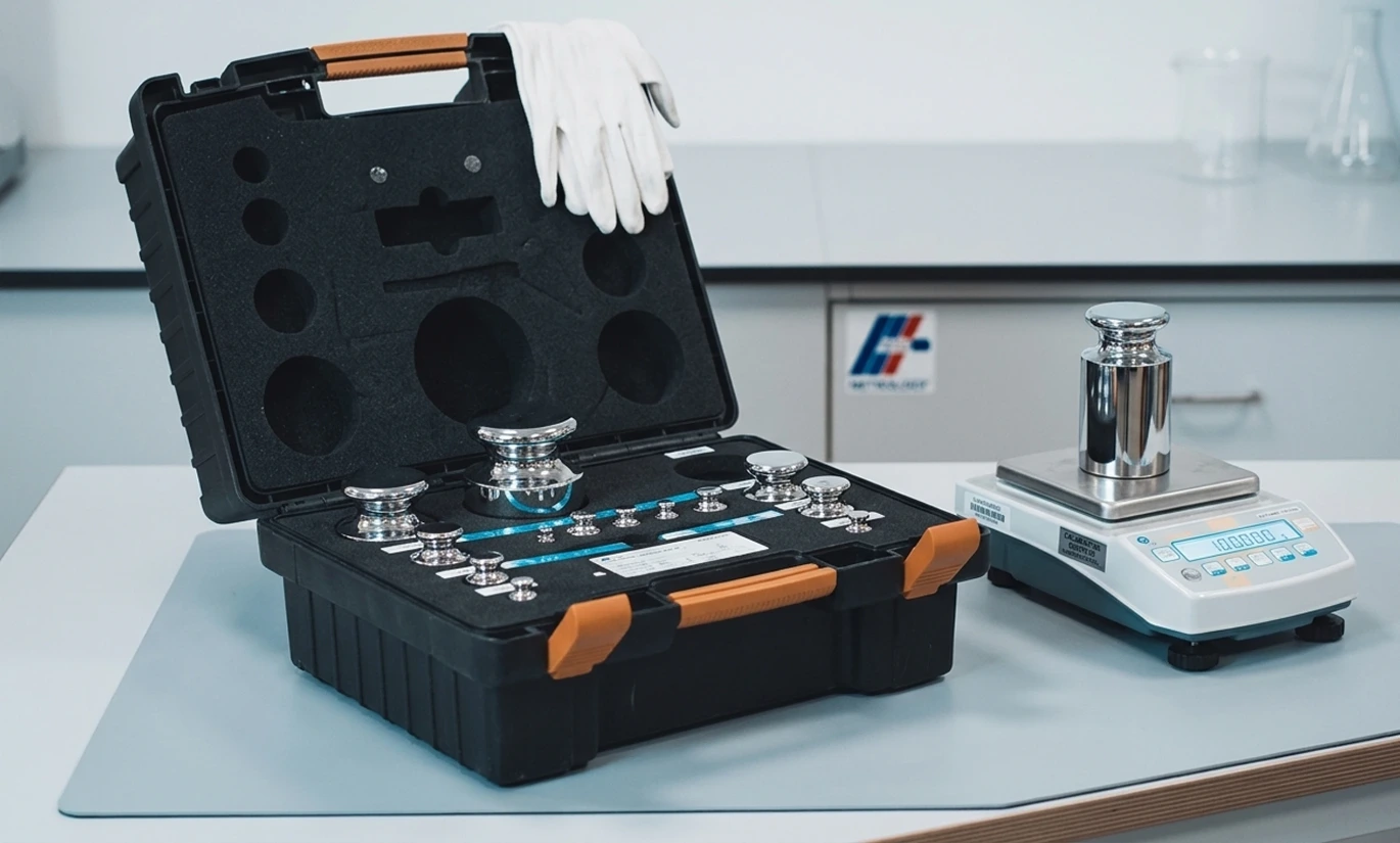 Coffret de poids de précision à côté d'une balance de laboratoire