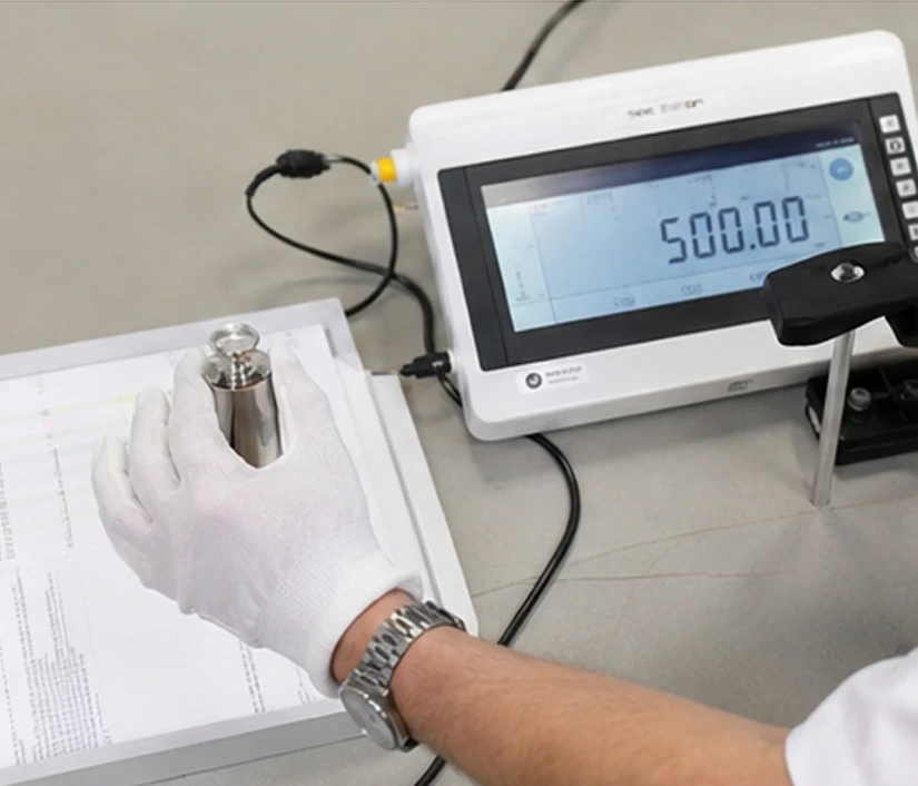 Technicien montrant les réglages d'une balance à colonne à un médecin